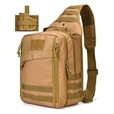 REEBOW GEAR Tactical Sling Bag Pack w/Gun Holster Small Military Rover Shoulder Sling Pack Molle Assault Range Bag Everyday Carry Diaper Bag (Style 07-Tan)
