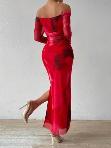Image of LIGHT DOT Women's Printed Off Shoulder Maxi Dress Long Sleeve Bodycon Ruched Mesh Cocktail Dress