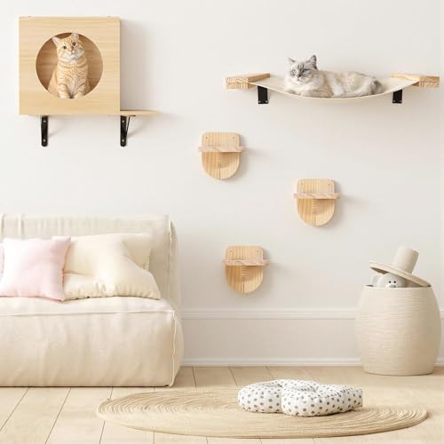 TIMIEEYA Cat Wall Shelves - Stable & Safe 5 in 1 Cat Walls Furniture Set Wooden Kitten Climbing Wall with 1 Condos House 1 Hammock & 3 Wall Steps
