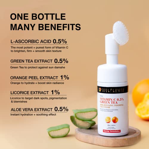 Image of Soulflower Vitamin C Foaming Face Wash for Glowing Skin, Deep Cleansing, Face Cleanser with Green Tea, Aloe Vera, Orange & Licorice Extract | Men & Women | 100ml
