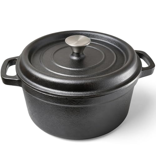 Gusseisen Topf 26CM 5.1L Bräter Schmortopf mit Deckel Schmortopf Schmortopf mit Deckel Induktion für Küche Backen Schmoren Braten (Schwarz)