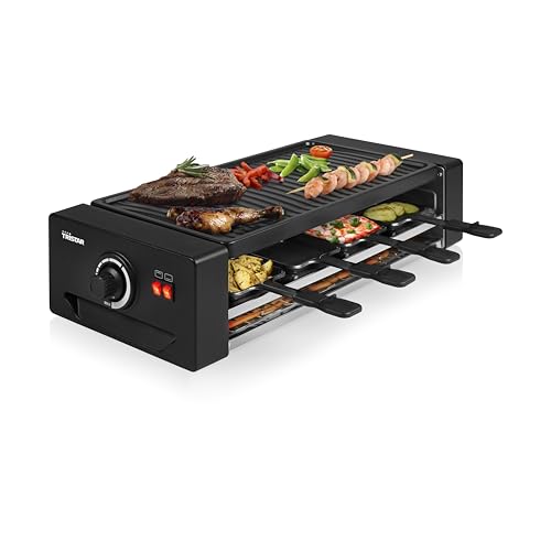 Tristar RA-2736 Raclette y pizzera multifuncional, termostato regulable, con resistencia doble, superficie de cocinado de 43 x 23 cm, Para 8 comensales, libre de BPA, 1300 W, Negro