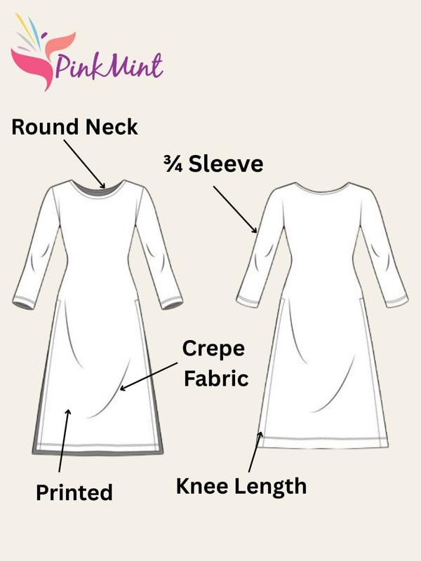 Image of Pinkmint Women's Crepe Kurti | Ethnic Printed Design | Straight Fit | Round Neck | 3 /4 Sleeve