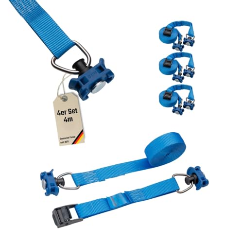LOADCARE Lot de 4 sangles d'arrimage en deux parties de 4 m avec boucle de serrage - Sangle de fixation rapide pour rail d'arrimage Airline - 175 daN (bleu)