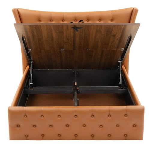 Image of Wakefit Bed | Queen (78 X 60) Solid Wood Bed, Upholstered, Hydraulic, 3 Year Warranty | - Lovejoy - Tan Brown