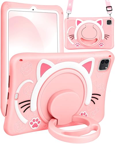 SurgeCraft for iPad Air 5th/4th Generation Case 10.9/Pro 11 Case Cute Cat Girls Cover Kawaii Girly Women with Strap and Handle Stand, Soft Silicone Covers for Apple iPad Air Cases 5/4 Gen, Pro 11”