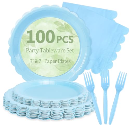 Image of Mulbozy 100 Light Blue Paper Plates and Napkins Disposable Set for Party