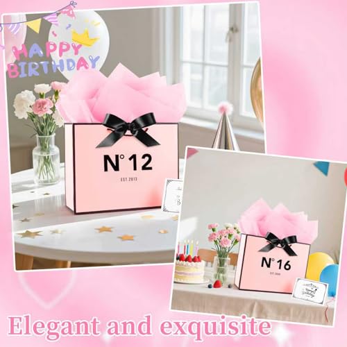 Tookala Rosa Papier Geschenktasche 18. Geburtstag, Geschenktasche mit Seidenband, 32 x 25 x 11 cm Geschenktüte mit karte & Perlgaze, Happy 18th Birthday Geschenktüte, Pink Geschenkbeutel Mädchen Frau