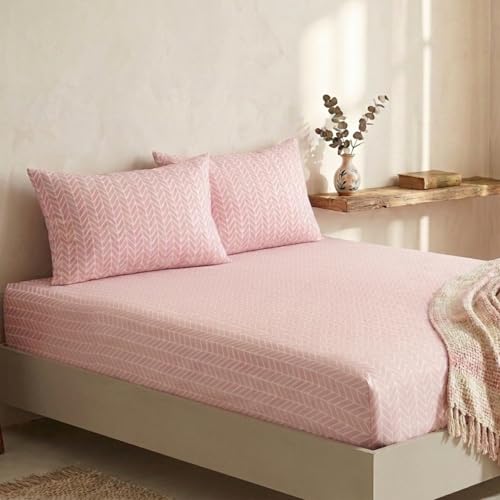 Image of Marrow Lane 300 TC Soft Air Cotton King Size Bedsheet Bed Sheet for King Size Bed (108x108 Inches) with 2 Pillow Covers | Ultra Soft, Breathable & Durable | Herringbone Arrow Design | Pink