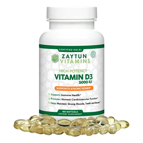 Zaytun Vitamins Halal Vitamin D3 5000 IU, 180 Mini Softgels, Supports Bones, Healthy Muscle Function & Immune, Premium Vitamin D from Safflower Oil, Non-GMO, Gluten-Free, Made in USA - Halal Vitamins