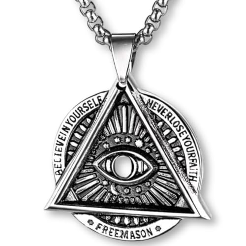 Halskette Symbol Illuminati mit Auge das alles sieht – Anhänger 3,5 cm aus Zamak mit Kette 60 cm – Esoterik und Freimaurer Stil