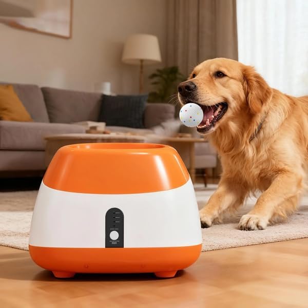 Automatic Dog Ball Launcher for Medium to Large Dogs, 3 Distance Settings & Random Mode, 5200mAh Battery, 98ft Remote Control, Includes 6 ETPU Balls, Orange White