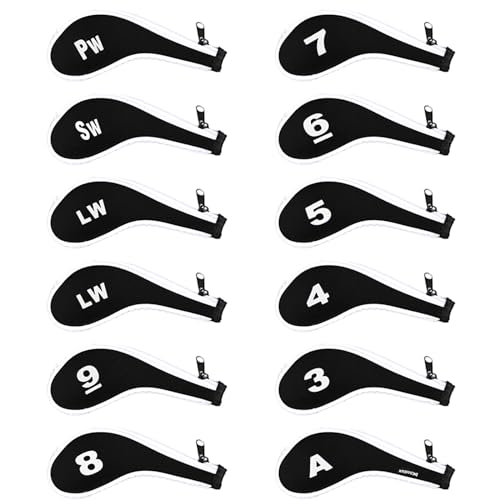 Andux Number Print Golf Iron Club Head Covers Long Neck with Zipper 12pcs/Set Black/white