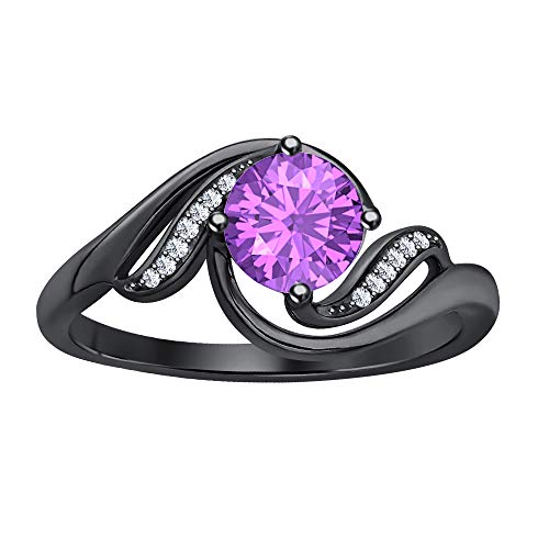 2 Carat Round Cut Purple Amethyst & CZ Diamond 14K Black Gold Plated Promise Rings for Womens