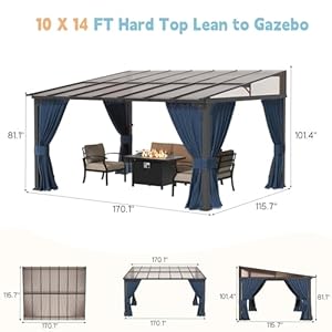 10 x 14 gazebohard top lean to gazebo wall mount heavy hardtop gazebo outdoor pergola with curtains and netting for patio garden lawn backyard deck navy  urban country home decor
