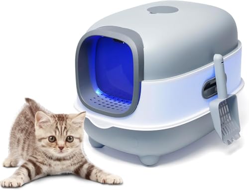 Forroby Foldable Cat Litter Tray With Automatic Deodorization,Enclosed Cat Litter Box Extra Large With Scoop and Leakage Board,Portable Covered Cat Toilet for Cats With Hood Indoor(Grey)