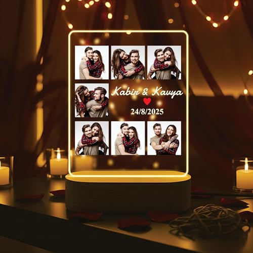 Image of Giftplease Customized Acrylic Photo Lamp for Valentine's Day Personalized LED Night Light with Couple Photo & Names | Romantic Gift for Husband, Wife, Boyfriend, or Girlfriend, Anniversary