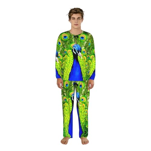 Pyjama bleu imprimé paon homme haut manches longues et pantalon
