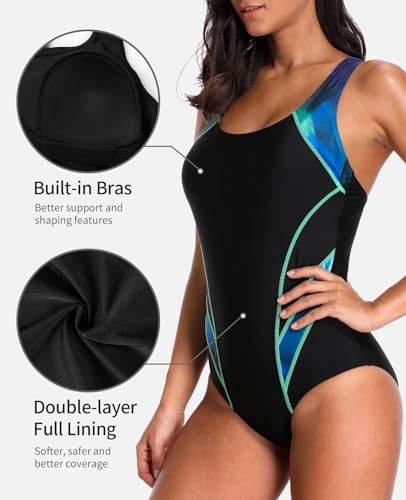 BeautyIn Women's Pro One Piece Athletic Bathing Suit Color Block Swimsuit, Green, Medium