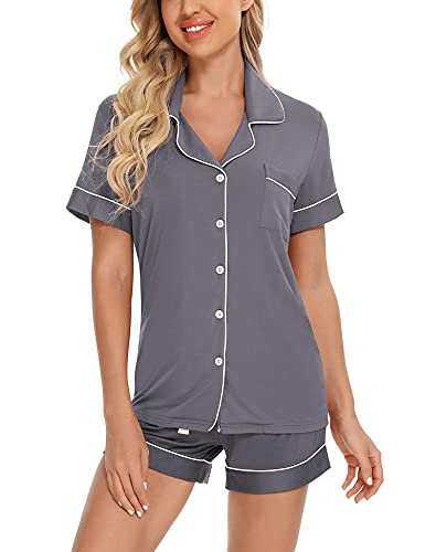Image of Anjue Womens Pajamas Set Short Sleeve Sleepwear Button Down Nightwear Shorts Soft Pj Sets S-XXL