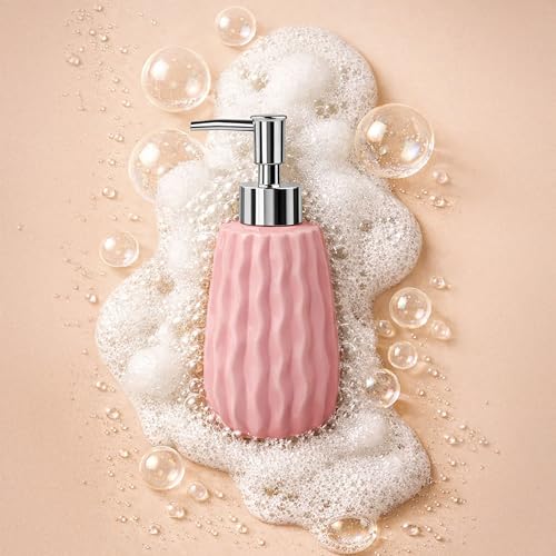 Image of Birch & Co. Ceramic Soap Dispenser For Wash Basin - Handwash Dispenser Bottle - Leak-Proof Design With Silver Glossy BPA-Free Pump, Velo, Pink,Soapdispenser Velo Pink