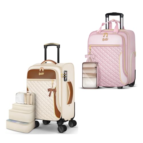 Beige Carry On Luggage and Pink Underseat Luggage