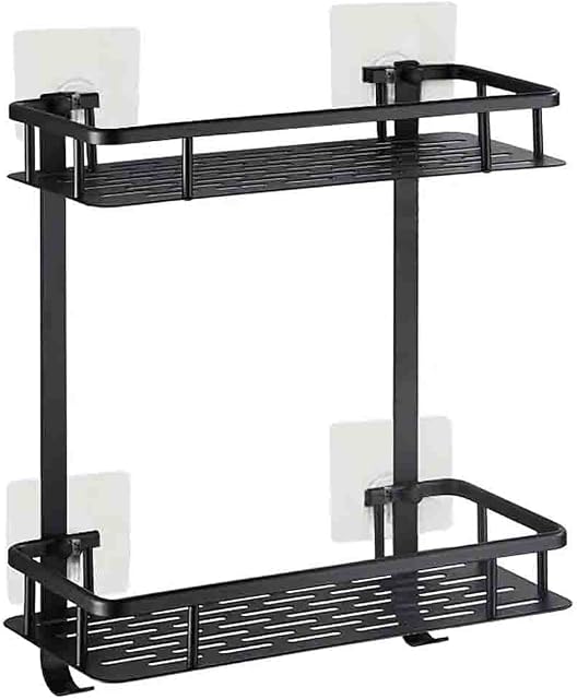 Laimew No Drill Bathroom Shelves Aluminum Rustproof Adhesive Shower Shelf with Hooks Square Black