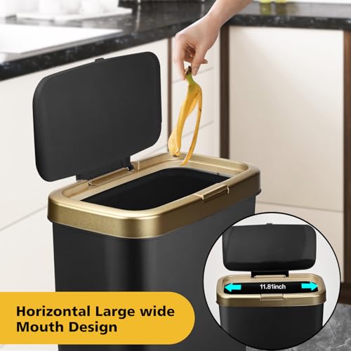 Image of Bathroom Trash Can 4 Gallon, Dog Proof Trash Bin with Press Top Lid, Black Office Waste Basket with Gold Edge, Tall Narrow Garbage Cans for Kitchen, Toilet, Living Room, Bedroom