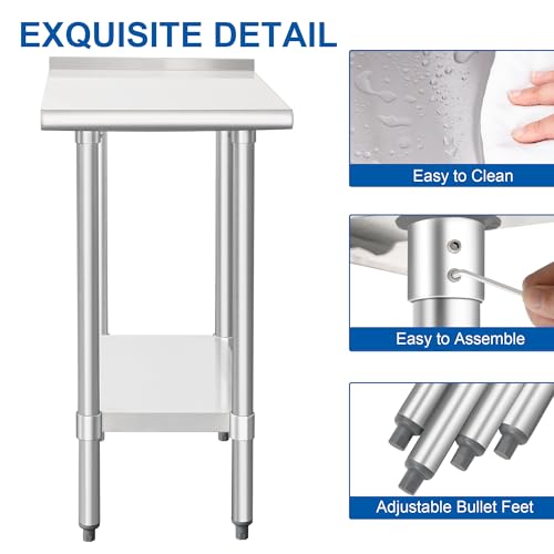 Image of HARDURA Stainless Steel Commercial Work Table 30x18 Inches 2 inch Backsplash | Prep Work Metal Table, Undershelf, Heavy Duty NSF 430, Kitchen Food Prep