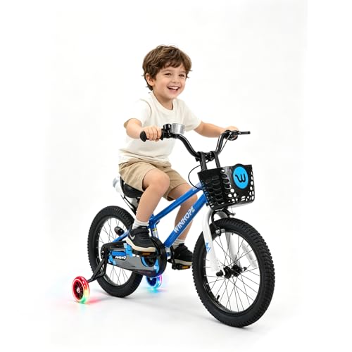 Image of WinHope 12-18 Inch Kids Bike with Light up Training Wheels for Boys Girls | Dual Brake Bicycle with Basket Adjustable Seat Water Bottle for Summer Riding Birthday Gift for Toddler 2-9 Years
