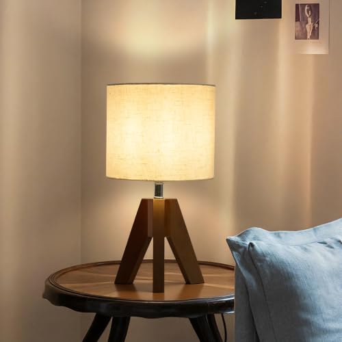 Image of Set of 2 Tripod Table Lamps,Stepless Dimmable Small Bedside Lamps with Beige Linen Shade, Boho Modern Nightstand Lamps for Bedroom Living Room Office,E26 Socket, Walnut