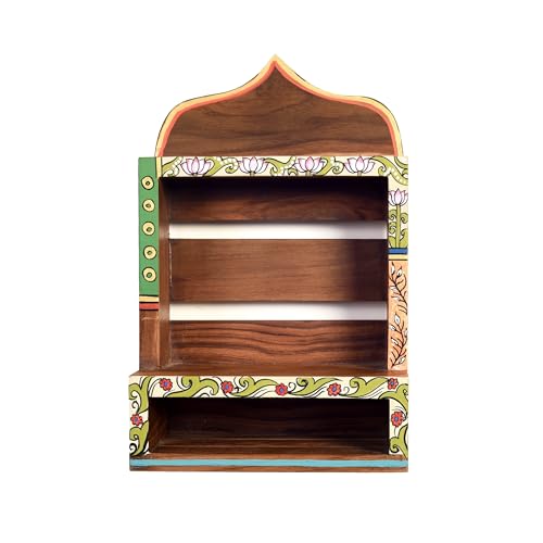 Image of AAKRITI ART CREATIONS Handcrafted Brown Wooden Wall Shelf | Decorative Hand-Painted Storage Rack, Floral Art, Matte Finish | Wall Mount Shelf for Home