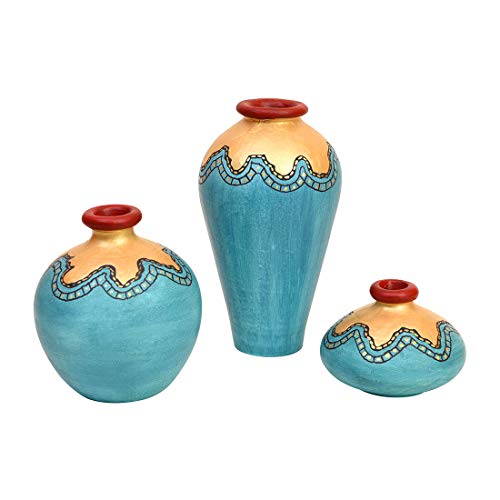 Image of Aakriti Art Creations Terracotta Vases Set of 3 | Handmade Turquoise Blue Golden Modern Art Flower Vases | Matte Finish Decorative Vases for Home Decor & Gifting