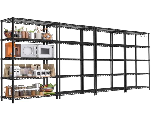 Image of PrimeZone Wire Storage Shelves, 5-Tier Adjustable NSF Metal Shelving, 4 PCS | Heavy Duty Steel Shelf, 1250 LBS Capacity, Kitchen Rack with 4 Hooks, 35.5 inchW x 14 inchD x 72 inchH for Kitchen, Pantry, Closet