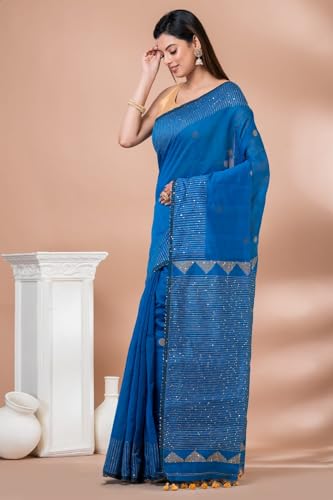 Image of Handloom Muslin Tissue Jamdani Cotton Silk Saree with Sequins Blouse