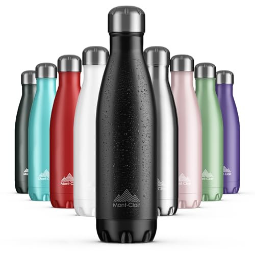 Mont-Clair Stainless Steel Water Bottle Vacuum insulated - BPA Free 12h Hot & 24h Cold Drinks Metal Water Bottle 500ml Leakproof Ideal for Adult Kids Running - Black
