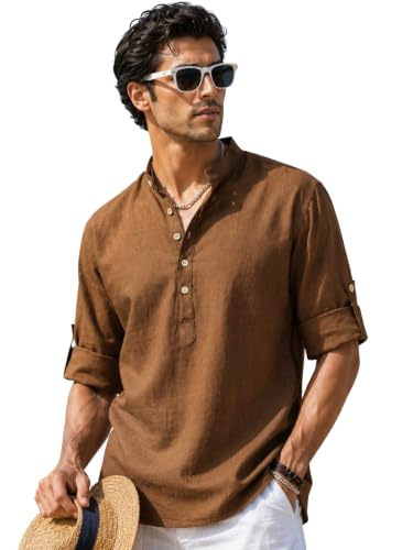 Image of Majestic Man Men's Pure Cotton Solid Mandarin Collar Slim Fit Roll-Up Sleeves Short Kurta Lightweight Summer Kurta for Daily & Occasion Use