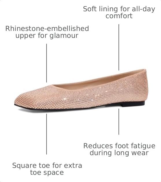 Image of Flats for Women Rhinestone Square Toe Glitter Sparkly Comfortable Dress Bridal Ladies Wedding Shoes
