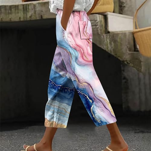 Womens Cropped Trousers Elastic High Waist Wide Leg Capri Pants Comfy Loose Fit Tie-dye Print Pants Fashion Trousers Multicolor2