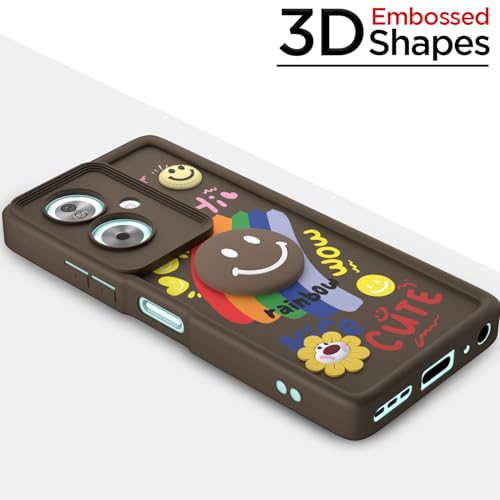 Image of Pikkme Back Cover for Oppo A79 5G | Soft Silicone| Cute Rainbow Smile & 3D Cartoon Flower Design | Shockproof Raised Camera Protection Bumper Case (Brown)