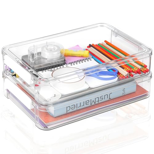 HOFURME 2 Pcs Plastic Portable Project Case With Snap-Tight Latch Clear Stackable Storage Box With Lids Organizer Container For A4 File Photo Documents Scrapbook Craft Art Supplies
