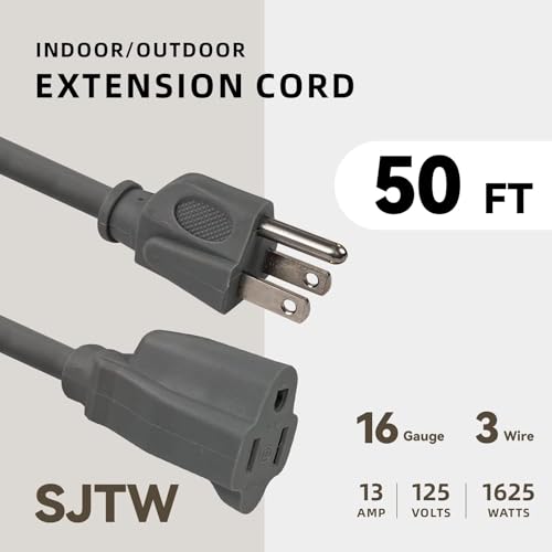 Image of 50ft Outdoor Extension Cord for Christmas Decorations- 16 /3 Heavy Duty SJTW Waterproof Gray Electrical Cable with 3 Prong Grounded Plug for Safety, Great for Lawn and Major Appliances