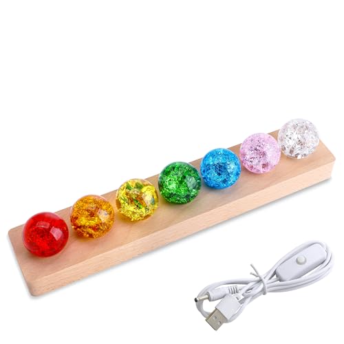 7 Colors Ice Cracked Balls with LED Wooden Base 40mm Healing Sphere Balls Set Crystal Chakra Night Light Decor for Home