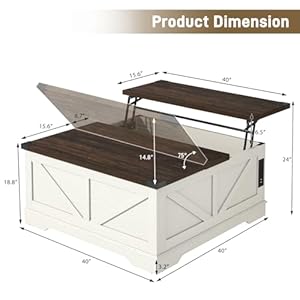 40 large farmhouse lift top coffee table with power outlets and large hidden storage square wood living room tables multi function lift wooden barn door center table rustic white  urban country home decor