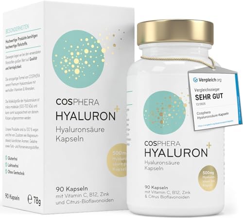 Hyaluronsäure Kapseln hochdosiert mit 500 mg pro Kapsel - 90 vegane Hyaluron Kapseln im 3 Monatsvorrat - 500-700 kDa I Angereichert mit Zink als Beitrag zum Erhalt normaler Haut un