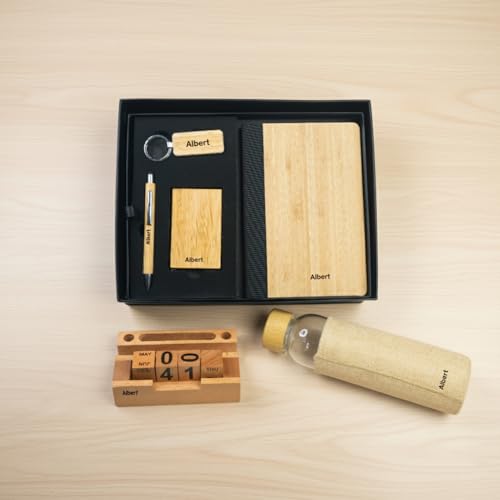 Image of Personalised 6 in 1 Corporate Gift Set which Includes Diary,Keychain, Bottle, Pen,Cardholder & Pen Holder. Bamboo Gift Set for, Employee of The Month, Corporate Gift for Clients.