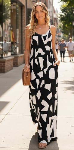 Image of Supnier Women's Summer Maxi Dress Casual V-Neck Sleeveless Bohemian Spaghetti Strap Floral Long Maxi Dress with Pockets