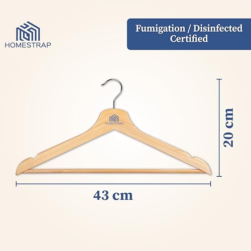 Image of Homestrap Premium Round Bar Wooden Hanger (Pack of 10)| Durable Wooden Garment Hangers with Cut Notches & 360 Degree Swivel Chrome Hook for Hanging Heavy Clothes