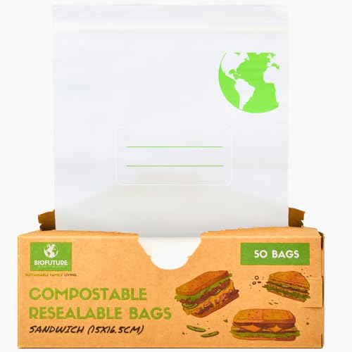 Biofuture Compostable Freezer Bags | Biodegradable & Reusable Sandwich Bags | Double Zip Lock Food Storage Bags, Freezer-Safe & Plastic-Free (15 × 16.5 cm) (50 Bags)