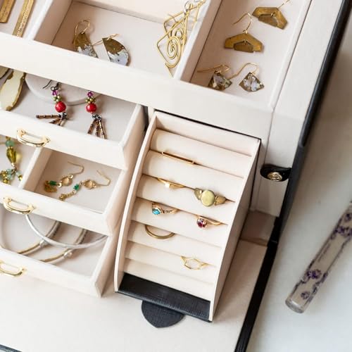 Image of KRISHYAM Jewelry Box, 4 Layer Leather Jewelry Boxes, Jewelry Organizer with Mirror and Lock for Girls Women Bracelets Rings Necklaces Earrings (Black)